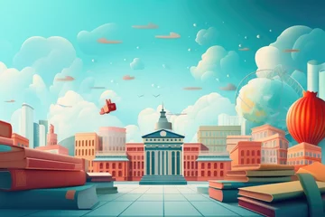Fototapeten Illustration of United States Capitol in Washington DC with a lot of books, Back to school education banner background, AI Generated © Ifti Digital