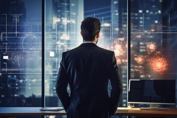 Fototapeta premium Back view of young businessman looking at business hologram on city background, Back view of a businessman working with a virtual panel and infographs in the background, AI Generated