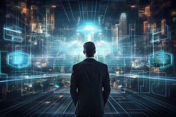 Back view of young businessman looking at night city with glowing network hologram, Back view of a businessman in a futuristic interior with a HUD interface, embodying a technology, AI Generated