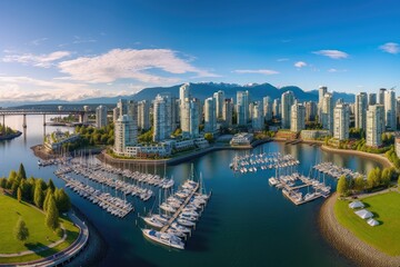Aerial view of luxury yachts and boats in Vancouver, British Columbia, Canada, Aerial Panorama of Downtown City at False Creek, Vancouver, British Columbia, Canada, AI Generated - obrazy, fototapety, plakaty