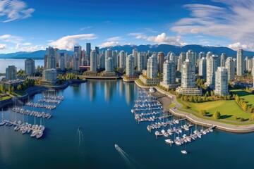 Fototapeta na wymiar Aerial view of Vancouver, British Columbia, Canada. Vancouver is the capital and largest city of British Columbia, Aerial Panorama of Downtown City at False Creek, Vancouver, AI Generated
