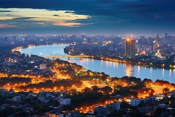 Fototapeta na wymiar Bangkok cityscape at twilight time with Chao Phraya River, Bangkok, Thailand, Aerial skyline view of Hanoi, Hanoi cityscape at twilight, AI Generated