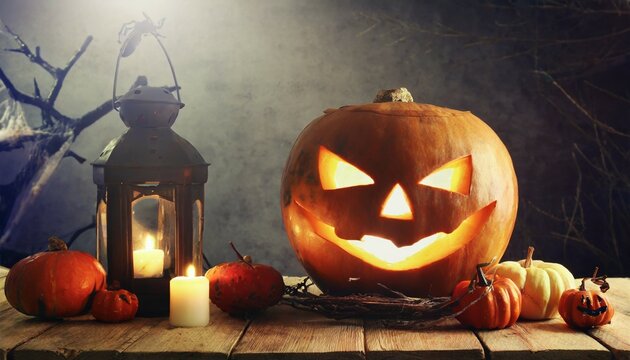 halloween pumpkin on wooden table in front of spooky dark background jack o lantern