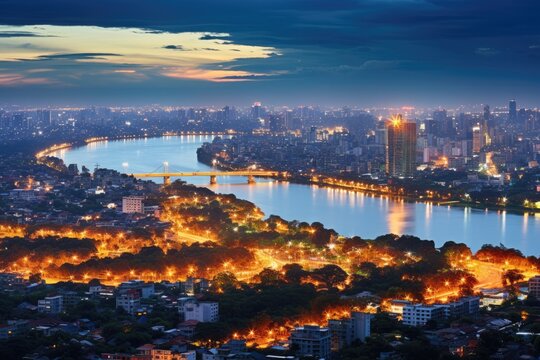 Bangkok cityscape at twilight time with Chao Phraya River, Bangkok, Thailand, Aerial skyline view of Hanoi, Hanoi cityscape at twilight, AI Generated © Ifti Digital