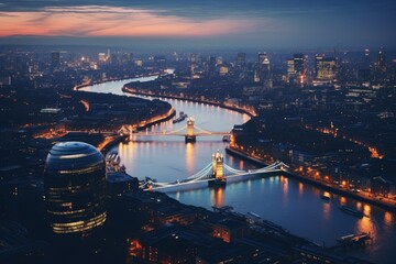 Aerial view of London skyline at night with Tower Bridge, UK, Aerial view of London and the River...
