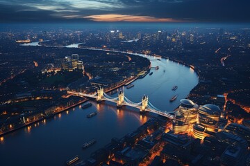 London city skyline at night with Tower Bridge and Thames river, UK, Aerial view of London and the River Thames, AI Generated