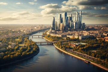 Panoramic aerial view of Moscow city at sunset, Russia, Aerial view of Moscow City with the Moscow River, Russia, AI Generated - Powered by Adobe