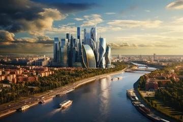 Fotobehang Panoramic view of the city of Moscow and the Moscow River, Aerial view of Moscow City with the Moscow River, Russia, AI Generated © Ifti Digital