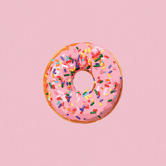 Colorful sweet donut. Funny illustration in shades of pink. Watercolor on paper texture. 