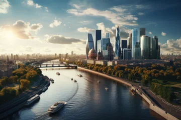 Deurstickers City landscape with skyscrapers on the bank of the Moscow River, Aerial view of Moscow City with the Moscow River, Russia, AI Generated © Ifti Digital