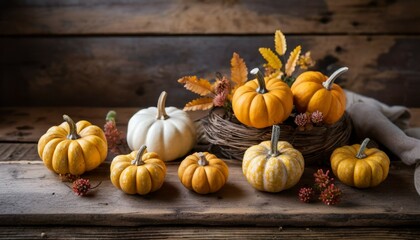 miniature pumpkins on rustic wood background simple natural country style fall autumn decorations