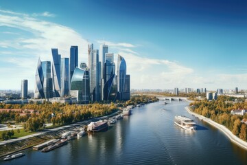 Fototapeta na wymiar Aerial view of Moscow cityscape with skyscrapers and river, Aerial view of Moscow City with the Moscow River, Russia, AI Generated