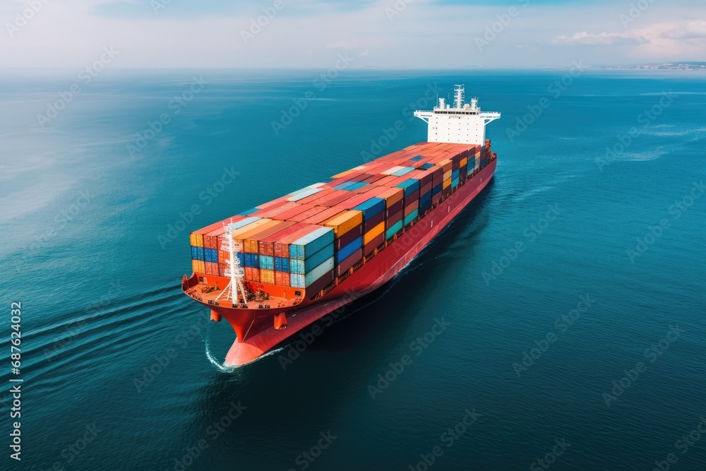 Poster aerial view of container ship in sea. freight transportation concept, aerial view of a container shi