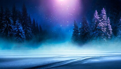 dark winter forest background at night snow fog moonlight neon figure in the center