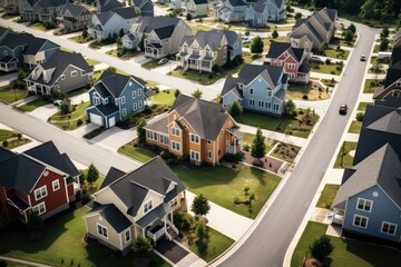 Aerial view of a suburban neighborhood with homes in the middle, Aerial view of a cul-de-sac at a neighborhood road dead end with built homes in a South Carolina residential living area, AI Generated - obrazy, fototapety, plakaty