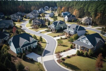 Aerial view of a suburban neighborhood with a single family house, Aerial view of a cul-de-sac at a neighborhood road dead end with built homes in a South Carolina residential living, AI Generated - obrazy, fototapety, plakaty