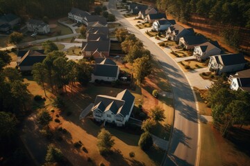 Aerial view of suburban neighborhood in suburbs Dallas, Texas, USA, Aerial view of a cul-de-sac at a neighborhood road dead end with built homes in a South Carolina, AI Generated - obrazy, fototapety, plakaty