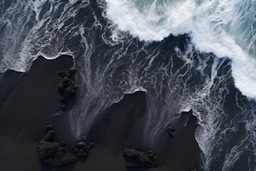 Aerial view of black sand beach and ocean waves in Iceland, Aerial view of waves on the black sand beach, AI Generated