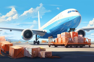 Airplane in the cargo terminal. 3d illustration. High resolution, Airplane cargo transportation by plane, unloading containers of boxes at the airport, AI Generated