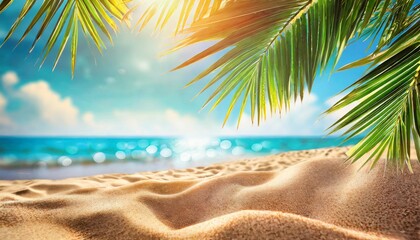 Fototapeta na wymiar summer banner sunny sand with palm leaves in tropical beach