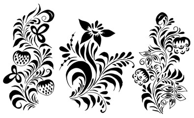 Several elements of patterns and ornaments in the Old Russian style. Vector sprigs of flowers and leaves. For decoration, cards, fabric, textiles, advertising, clothing.
