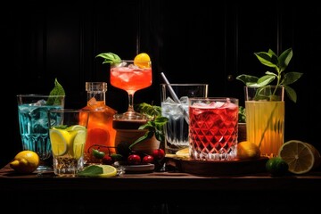 Set of different cocktails on a black background. Alcoholic drinks, Alcoholic cocktails set, strong drinks, and aperitifs, AI Generated