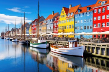 Fototapeta premium Colorful houses in Nyhavn, Copenhagen, Denmark, Amazing historical city center, Nyhavn New Harbour canal and entertainment district in Copenhagen, AI Generated