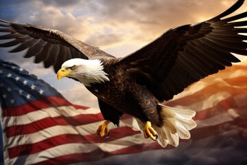 Obraz premium Bald Eagle flying against the background of the American flag. 3d rendering, Amber Fort and Maota Lake, Jaipur, Rajasthan, India, AI Generated