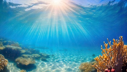 Naklejka na ściany i meble beautiful blue ocean background with sunlight and undersea scene