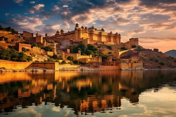 Amber Fort in Jaipur, Rajasthan, India, Amber Fort and Maota Lake, Jaipur, Rajasthan, India, AI Generated - obrazy, fototapety, plakaty