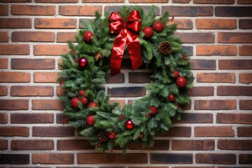 Christmas Wreath Decoration on Festive Brick Wall. Red and Green Pine Chaplet for Holiday Celebration