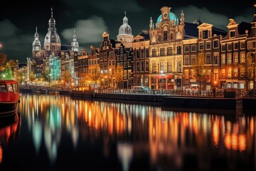 Obraz premium Amsterdam canal at night, Holland, Netherlands. Cityscape, Amsterdam City Illuminated Building and Canal at night, Netherlands, AI Generated