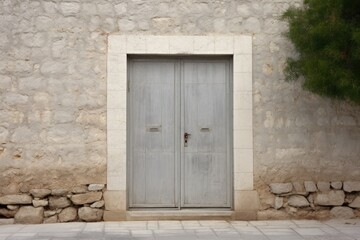 Grey Sheet Metal Door with Small Door Handle Mounted on House Wall with Stone Tiles in Front on Warm Sunny Day