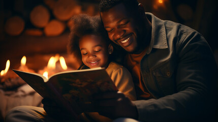 Father reading book to children on bed