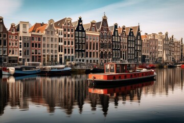 Fototapeta na wymiar Amsterdam canals and traditional dutch houses, Holland, Netherlands, Amsterdam Netherlands dancing houses over river Amstel landmark, AI Generated