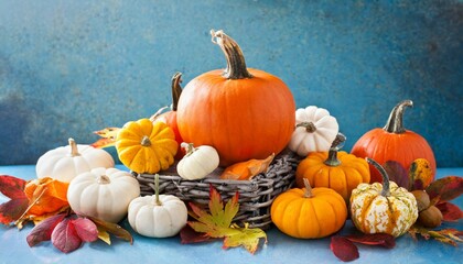collection of autumn pumpkins on a blue background
