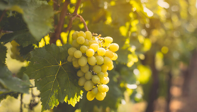 Ripe white grapes on a vine in a vineyard