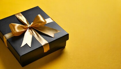 black gift box with bow on yellow background