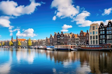 Fototapeta premium Panoramic view of the old houses along the canal in Amsterdam, Netherlands, Amsterdam Netherlands dancing houses over river Amstel landmark, AI Generated