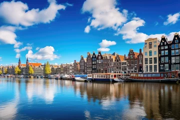 Poster de jardin Amsterdam Panoramic view of the old houses along the canal in Amsterdam, Netherlands, Amsterdam Netherlands dancing houses over river Amstel landmark, AI Generated