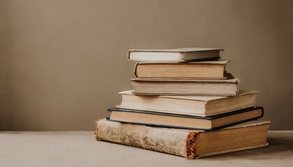 stacked old books neutral aesthetic background with copy space