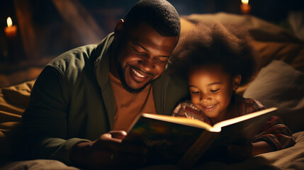 Father reading book to children on bed - obrazy, fototapety, plakaty