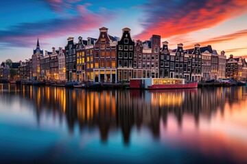 Amsterdam, Netherlands. Beautiful view of Amsterdam canal at sunset, Amsterdam Netherlands dancing houses over river Amstel landmark, AI Generated