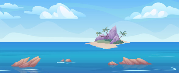 Fototapeta na wymiar Cartoon island seaside in ocean. Islands seashore drawing panorama horizontal landscape with clouds sky, caribbean tourist seaside scenery tropical background vector illustration