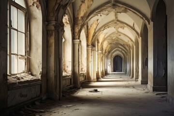 Interior of an old abandoned building with arches and a corridor, An old empty corridor, Vintage abandoned building with a window, AI Generated