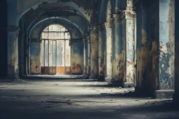 interior of a ruined building with windows, vintage style, retro, An old empty corridor, Vintage abandoned building with a window, AI Generated