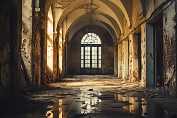 Interior of an old abandoned building with windows and reflections in the water, An old empty corridor, Vintage abandoned building with a window, AI Generated