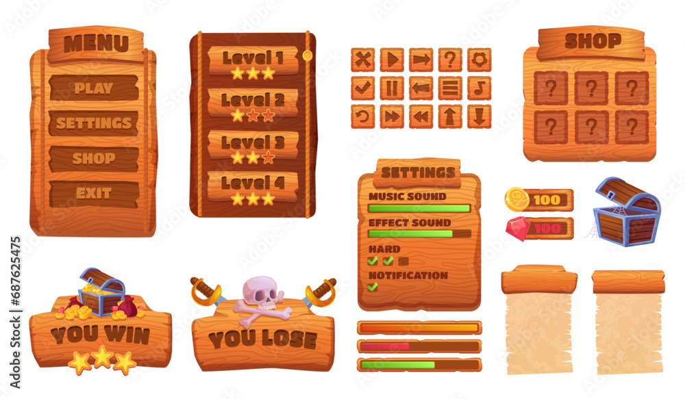 Poster game wood interface. cartoon wooden ui board frame for 2d gaming, woodens texture panel menu setting