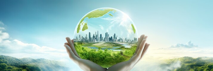 Saving planet concept. Hands holding glass ball with modern city full of green plants against blue sky - 687625420