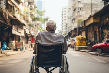 Asian senior man sitting in wheelchair on the street in Hong Kong, An old man is sitting in a wheelchair on a walk in the city, rear view, AI Generated